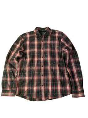 GUESS Dillon Slim Fit Plaid Shirt - Red & Black Geometric Star Pattern - Medium